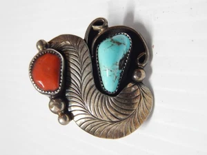 LRG RING VINTAGE NAVAJO INDIANER MID CENTURY STERLINGSILBER KORALLE TÜRKIS GR: 7 - Bild 1 von 3