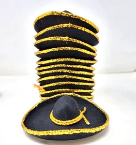 12 mini pack WHOLESALE MEXICAN WEDDING PLAIN black gold SOMBRERO,MARIACHI - Picture 1 of 4