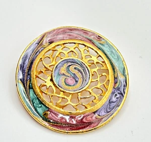 Antique Gold-Plated Rainbow Iridescent Abstract Circular Brooch - Picture 1 of 3