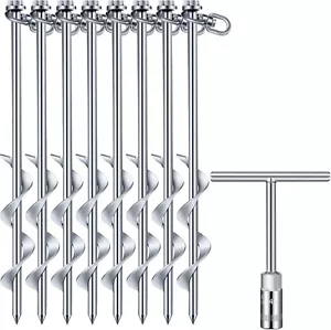 8 Pcs Ground Anchors Screw In, 12 Inch Heavy Duty Tent Stakes (Silver) - Picture 1 of 6