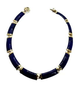 14k Yellow Gold Chinese Blue Lapis Bar Link Panel Bracelet 8.25 Inch - Picture 1 of 7