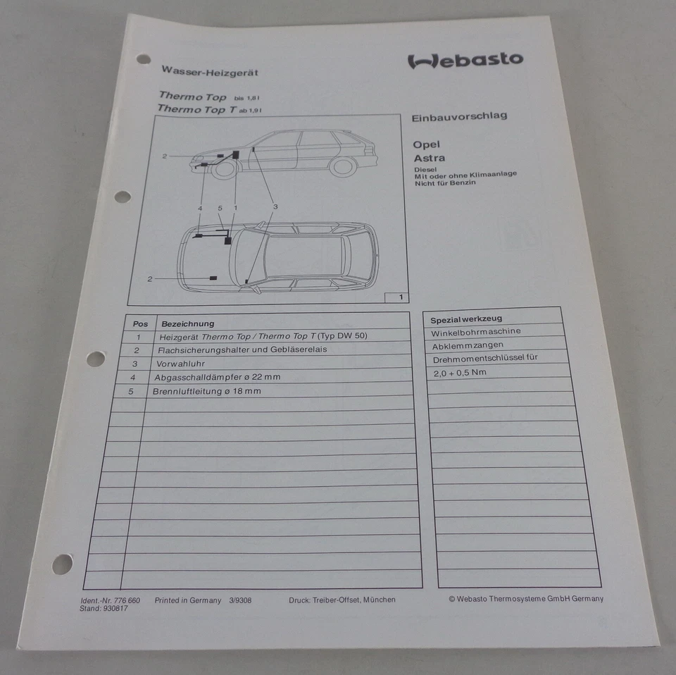 Einbauanweisung Webasto Calefacción Termo Top/ T Opel Astra Stand 03/1993 - Imagen 1 de 1