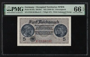 DEUTSCHLAND 5 REICHSMARK 1940 - 1945 AUSWAHL: R136a PMG - 66, SERIE - E, UNC - Bild 1 von 2
