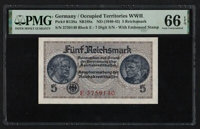 GERMANY 5 REICHSMARK 1940 - 1945 PICK: R136a PMG - 66, SERIES - E, UNC - Image 1 of 2