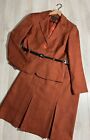 Blacker Orange Brown Belted Jacket & Pleated A-Line Skirt Suit Set Sz 8