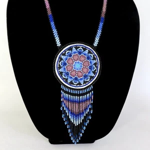 Huichol Beaded Flower Necklace Tribal Pouch Medallion Handmade Mexican Folk Art - Picture 1 of 21
