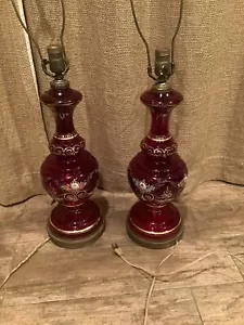 Ruby Red cut to clear Glass Table Lamp Bohemian Style. Made In Czechoslovakia - Picture 1 of 10