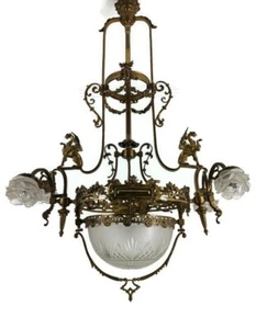 Art Nouveau Chandelier Bronze Doré Coat of Arms Dragons Huge  5 lights Stunning - Picture 1 of 11