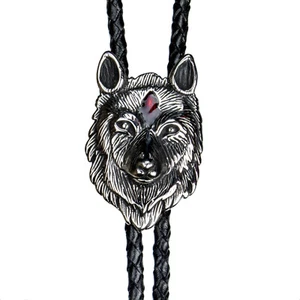 Bolo Tie IN Stainless Steel With Wolf And Indians Feather, Indian Spirit - Picture 1 of 5