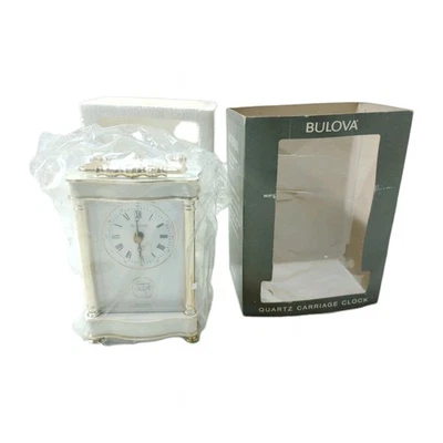全新 BULOVA MANTEL 闹钟 石英 西德 马车 型号 B-1342 白色 — 第 1/4 张图片