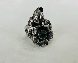 Vintage Sterling Silver Green Malachite Flower Leaf Ring~Native American~Size 7 - Picture 1 of 7
