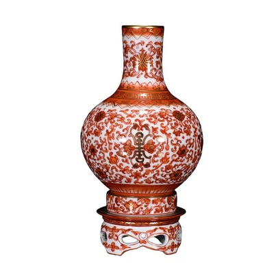 Chinese Qing Dynasty Gilt Edge Iron Red Glaze Flowers Design Porcelain Vase B - Image 1 of 4