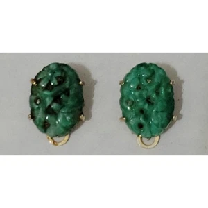 Vintage Earrings Clip On Marvella Green Jade Glass Pierced Oval Signed Asian - Picture 1 of 5
