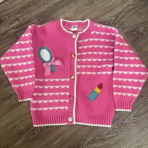 VINTAGE Ruth Scharf Pink Cardigan With Mirror And Lipstick Appliqué - Picture 1 of 4