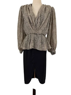 Vtg 80s Lizzy & Johnny By Lucero Zebra Print Peplum Dress Puff Sleeves Pencil  - Image 1 of 4