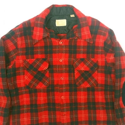 Parche codo chamarra de lana vintage de franela roja mediana para hombre Sears Kings Road años 70 Foto 1 de 4