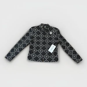 St. John Evening Zip Up Blouse Shirt Women 4 Black Silver Geo Print Padded Vtg - Picture 1 of 11