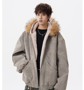 Invierno Nuevo Para hombres Chaqueta Corta Polar Con Capucha Cuello de Piel Cuero PU Algodón Chaqueta - Imagen 1 de 14