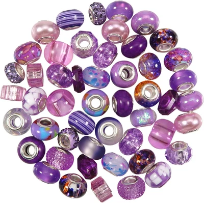 50 piezas de cuentas europeas de resina surtidas púrpura agujero grande espaciador de murano estrás Foto 1 de 4