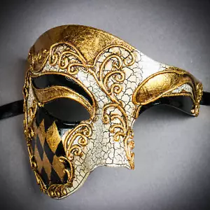 Venetian Phantom GOLD Checker Men Masquerade Ball Party Classic Full Face Mask - Picture 1 of 6