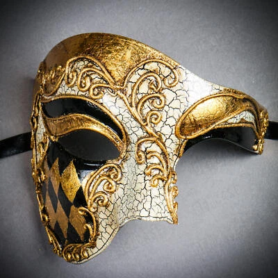 Venetian Phantom GOLD Checker Men Masquerade Ball Party Classic Full Face Mask - Image 1 of 4