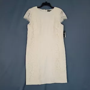 Lauren Ralph Lauren Women's Lace Overlay Shift Dress Short Sleeve Ivory Size 14 - Picture 1 of 9