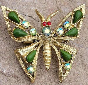 Vintage goldfarben Schmetterling Brosche Pin Jade Aurora Borealis Kristalle 1,5 Zoll x 1,5 Zoll - Bild 1 von 4