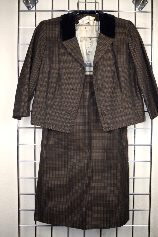 Vintage Plaid Skirt Suit W24" Size XS/S 40s Brown Bronze Cotton Velvet Collar - Image 1 of 4