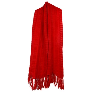 Bufanda tejida vintage hecha a mano roja brillante tejido abierto flecos 68" - Imagen 1 de 3
