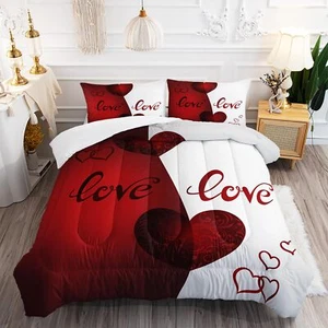 LOVE COUPLE COMFORTER SET QUEEN SIZE VALENTINE ROMANTIC HEARTS BEDDING SET RED A - Picture 1 of 8