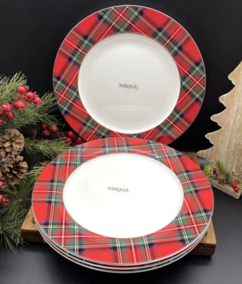 Mikasa Bone China TARTAN RED Plaid Christmas Dinner Plates 11" NEW (Set of 4)