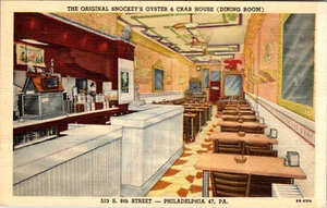 PHILADELPHIA SNOCKEY'S OYSTER & CRAB RESTAURANT INTERIOR VINTAGE LINEN POSTCARD - Picture 1 of 2