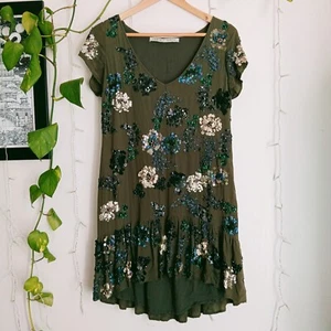 Cohen Et Sabine Silk Sequin Floral Drop Hem Dress Khaki Green Short Sleeve 12 - Picture 1 of 14