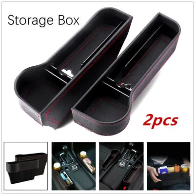 2X Car Seat Gap Storage Box Cup Holder Organizer PU L+R Black Leather Red Line - Image 1 of 4