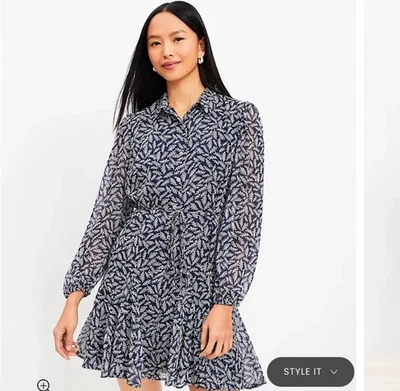 Loft Flounce Dress Women Small Petite Blue White Long Sleeve Button Missing Belt - Image 1 of 4