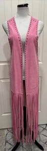 Crazy Train Womens Western Cowgirl Cactus Studded Fringe Duster Vest OS Pink - Picture 1 of 14