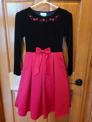 Rare Editions Girl's 10 Long-Sleeve Velvet Embroidered Red Holiday Party Dress - Image 1 of 4