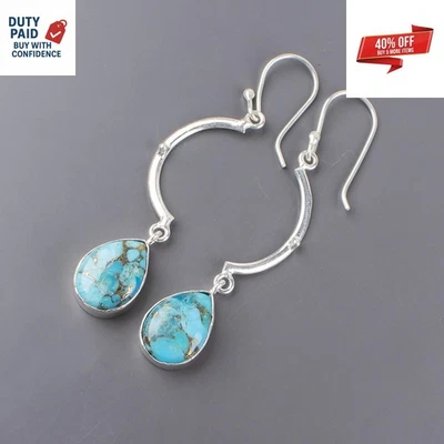 925 Sterling Silver Blue Copper Turquoise Dangle Drop Daughter Earrings Jewelry - Image 1 of 4