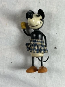 Antique WOOD TOY 4" PIE-EYED MINNIE MOUSE with Plaid Skirt & Spinning Joints - Picture 1 of 11