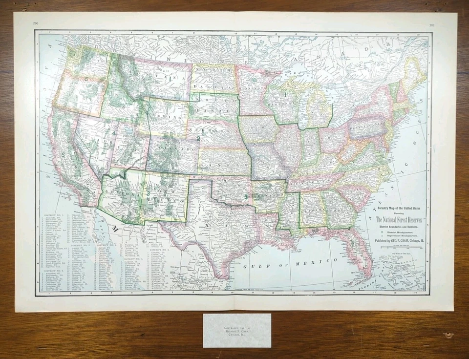 Vintage 1911 NATIONAL FOREST RESERVES Map 22"x15" Old Antique Original USA - Image 1 of 4