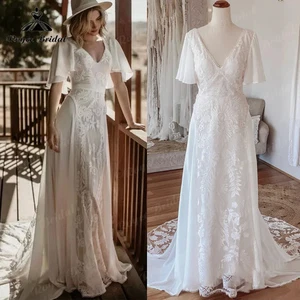 Sexy Boho Short Sleeve Chiffon Bohemian Beach Women Wedding Dress Bridal Gown - Picture 1 of 13