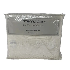 4 PC Jessica Sanders Queen Eyelet SHEET Set PRINCESS Lace Ecru 200 TC - Picture 1 of 2