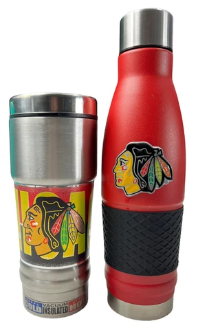 Chicago Blackhawks Travel Mugs Tumblers Set of Two With Lids Red Stainless Steel Cover