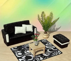 Dollhouse miniature sofa set. Modern B&W sofa, stool and cushions for 1/12 dolls - Picture 1 of 11