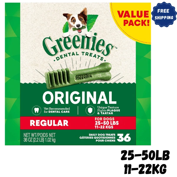 Masticables dentales originales Greenies para perros, regulares (25-50 lb), golosinas naturales para perros Foto 1 de 4