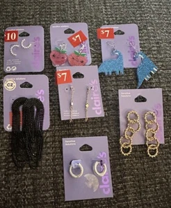 Lot Of 7 Pairs New Claires Girls WomenHypoallergenic Earrings Dino Strawberry CZ - Picture 1 of 11