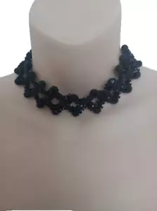 Vintage BLACK GLASS Beaded Choker Necklace Bohemian Deco Gothic - Picture 1 of 5