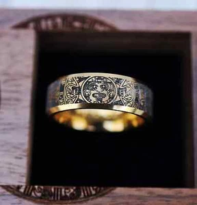 Engraved Walnut Wood Aztec Culture Calendar Rectangular Ring with Ring Box - 8mm - Picture 1 of 5