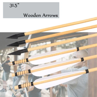 6X 31.5inch Wooden Arrows with 5" Turkey Feathers for Longbow Outdoor Target - Image 1 of 4