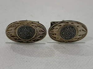 Vintage Mexican Sterling Silver Signed Mayan Aztec Calendar Pair of Cuff Links - Picture 1 of 8
